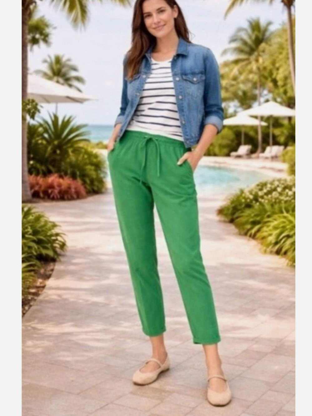 NWT J Crew Factory Linen Cotton Drawstring Pants Green Sz 10
